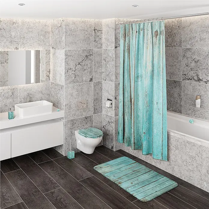 SANILO Kosmetikeimer Lumber - 3 l, Metall, Türkis|Schwarz|Braun - Badezimmer-Set im hellblauen Altholz-Design, bestehend aus Duschvorhang, Badematte, Toilettensitz, Seifenspender und Toilettenbürste.
