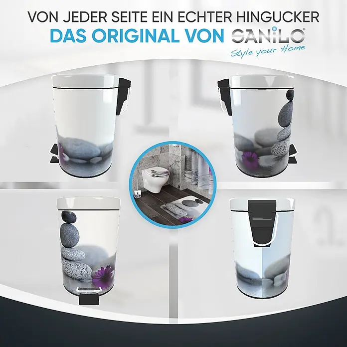 SANILO Kosmetikeimer Energy Stones - 3 l, Metall, Grau|Schwarz|Violett - Weißer Bad-Treteimer mit Zen-Design aus gestapelten grauen Steinen und violetter Blume, aus verschiedenen Blickwinkeln und im Badezimmer gezeigt.