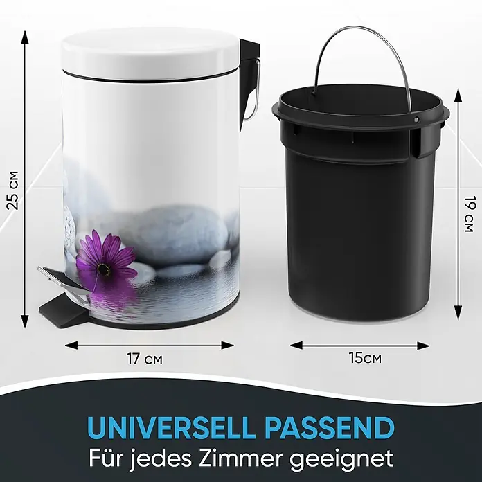 SANILO Kosmetikeimer Energy Stones - 3 l, Metall, Grau|Schwarz|Violett - Weißer Treteimer mit Stein-/Blumenmuster und schwarzem Inneneimer. Kompaktes Design für jeden Raum.