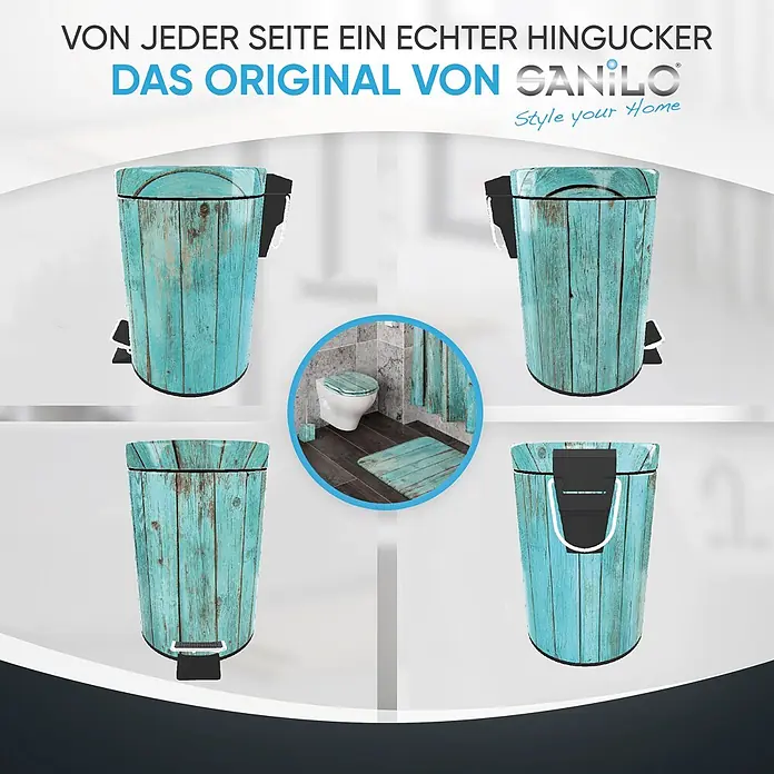 SANILO Kosmetikeimer Lumber - 3 l, Metall, Türkis|Schwarz|Braun - Treteimer in Türkis-Shabby-Chic-Holzoptik, Teil eines passenden Badzubehör-Sets.