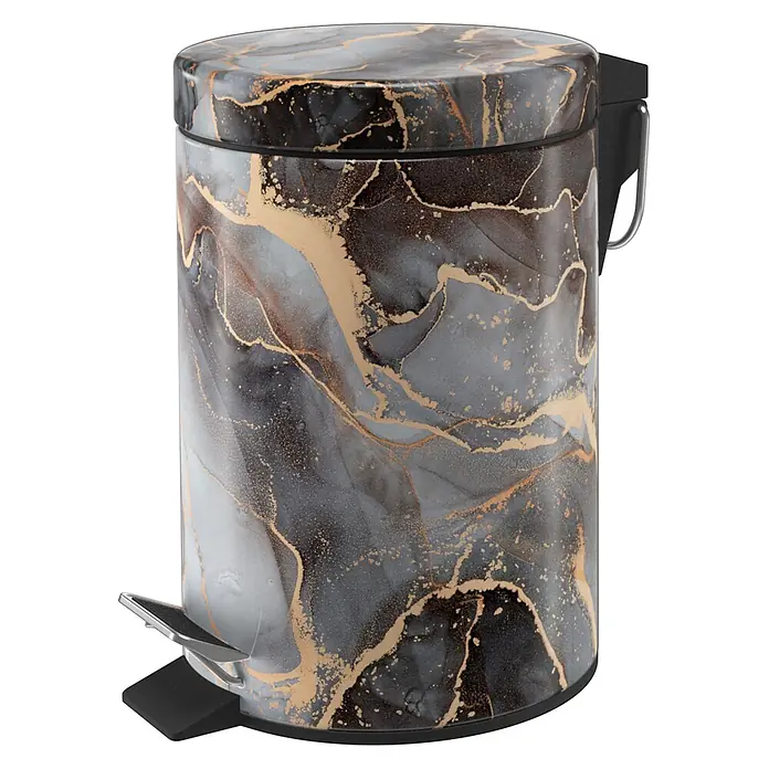 SANILO Kosmetikeimer Marmor Abstrakt - 3 l, Metall, Grau|Braun|Goldfarben - Schwarz-gold marmorierter Treteimer mit Fußpedal und Griff.