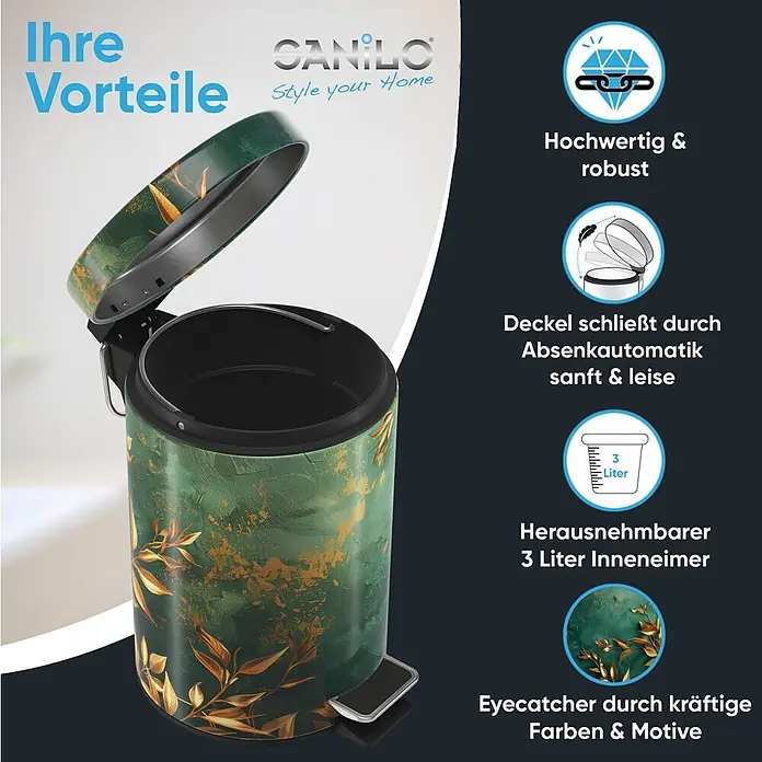 SANILO Kosmetikeimer Greego - 3 l, Metall, Grün|Orange - Grüner Treteimer mit goldenem Blattmuster, 3 Liter Fassungsvermögen, sanft schließendem Deckel und herausnehmbarem Inneneimer.