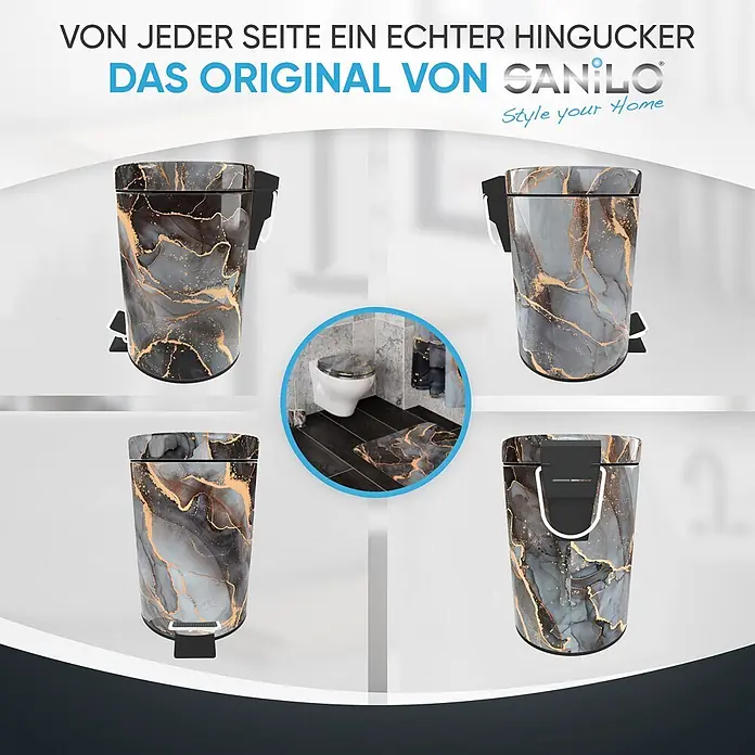 SANILO Kosmetikeimer Marmor Abstrakt - 3 l, Metall, Grau|Braun|Goldfarben - Badezimmer-Set in Schwarz, Grau und Goldmarmor-Optik, mit Treteimer, Toilettensitz und Badematte.