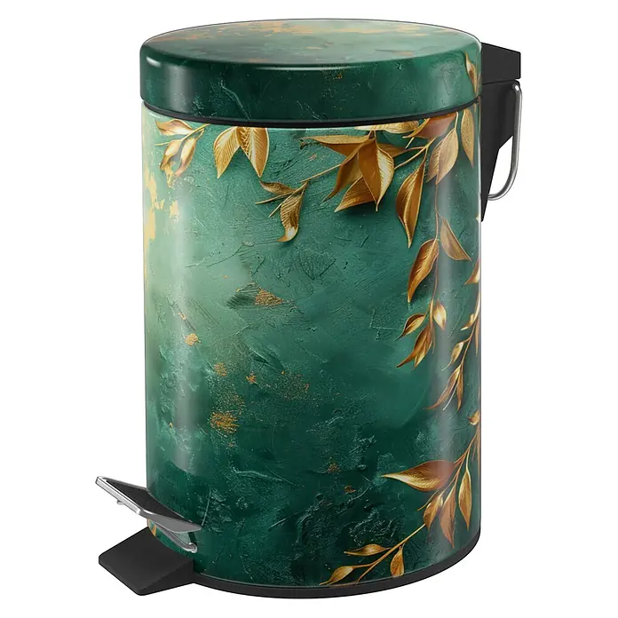 SANILO Kosmetikeimer Greego - 3 l, Metall, Grün|Orange - Grüner Treteimer mit strukturierter Oberfläche und goldenem Blattmuster. Verfügt über ein Fußpedal und einen Griff.