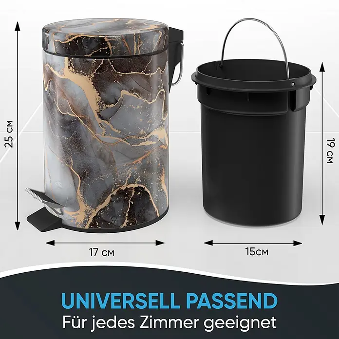 SANILO Kosmetikeimer Marmor Abstrakt - 3 l, Metall, Grau|Braun|Goldfarben - Treteimer mit schwarz-goldenem Marmormuster und herausnehmbarem schwarzem Inneneimer.
