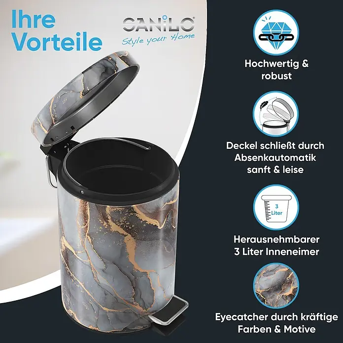 SANILO Kosmetikeimer Marmor Abstrakt - 3 l, Metall, Grau|Braun|Goldfarben - Eleganter Tretmülleimer in grau-goldener Marmoroptik mit sanft schließendem Deckel und herausnehmbarem 3-Liter-Inneneimer.