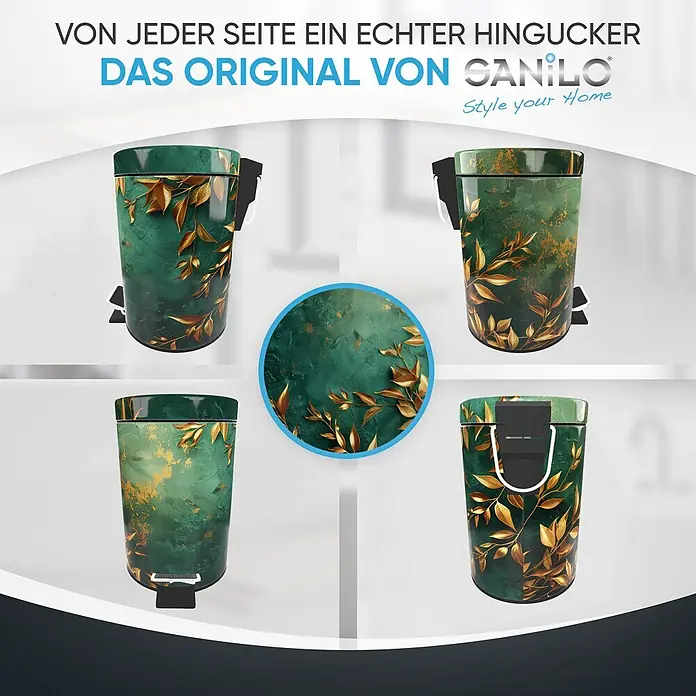 SANILO Kosmetikeimer Greego - 3 l, Metall, Grün|Orange - Grüner Treteimer mit goldenem Blattmuster, aus verschiedenen Winkeln gezeigt.