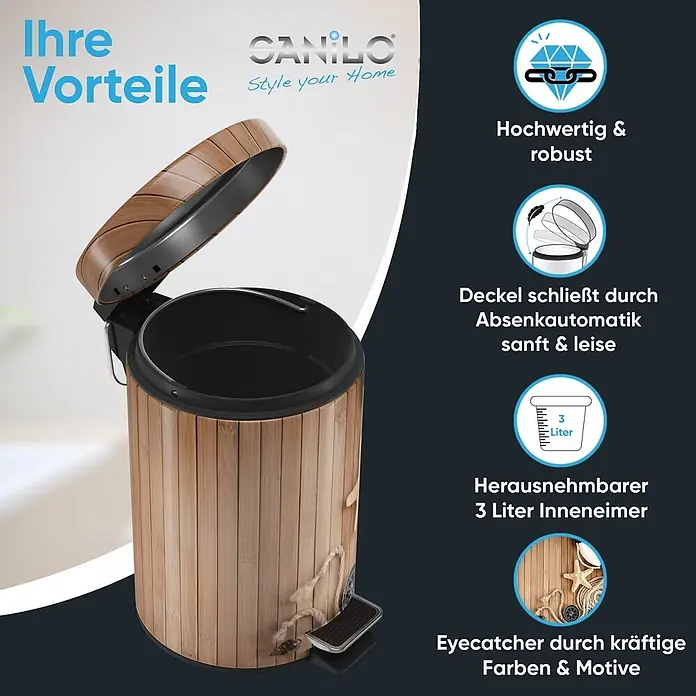 SANILO Kosmetikeimer Maritime - 3 l, Metall, Beige|Dunkelblau|Weiß|Braun - Pedaleimer in Bambusoptik mit geöffnetem Deckel, herausnehmbarem 3-Liter-Inneneimer und dekorativen Details.