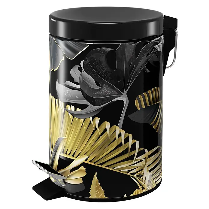 SANILO Kosmetikeimer Golden Leaves - 3 l, Metall, Schwarz|Goldfarben - Schwarzer Treteimer mit gold- und dunkelgrauem tropischem Blattmuster.