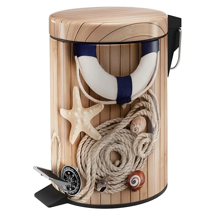 SANILO Kosmetikeimer Maritime - 3 l, Metall, Beige|Dunkelblau|Weiß|Braun - Pedal-Mülleimer im maritimen Design mit Holzoptik, Seestern, Seil, Muscheln und Kompass-Motiv.