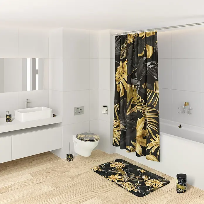 SANILO Kosmetikeimer Golden Leaves - 3 l, Metall, Schwarz|Goldfarben - Modernes Badezimmer mit schwarzem und goldenem tropischem Blätterdesign auf Duschvorhang, Toilettensitz, Badematte und Accessoires.