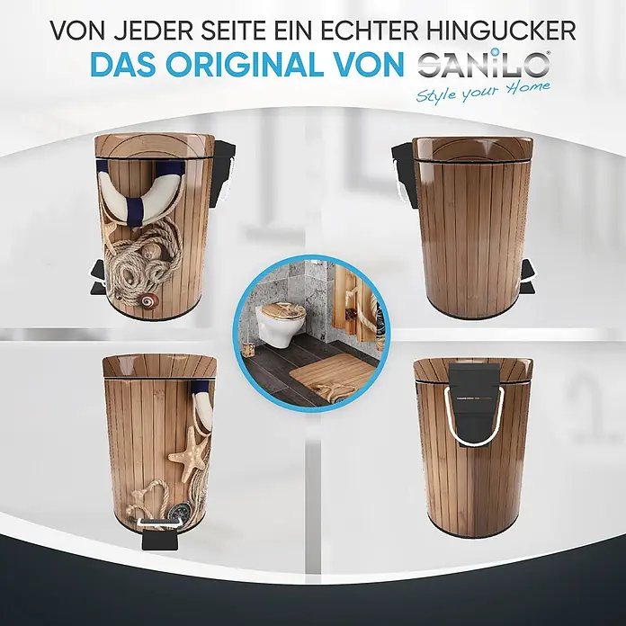 SANILO Kosmetikeimer Maritime - 3 l, Metall, Beige|Dunkelblau|Weiß|Braun - Braunfarbener Treteimer in Holzoptik mit verschiedenen Designs, darunter maritime Motive. Abgebildet in einem Badezimmer mit passenden Holzaccessoires.