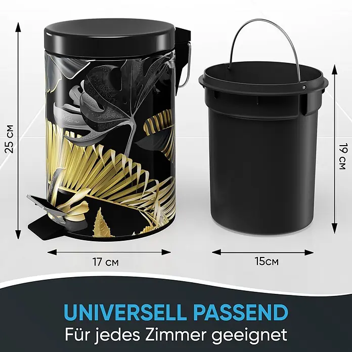 SANILO Kosmetikeimer Golden Leaves - 3 l, Metall, Schwarz|Goldfarben - Zwei schwarze Mülleimer: ein Treteimer mit gold/grauem Blättermuster und ein einfacher schwarzer Inneneimer mit Henkel.