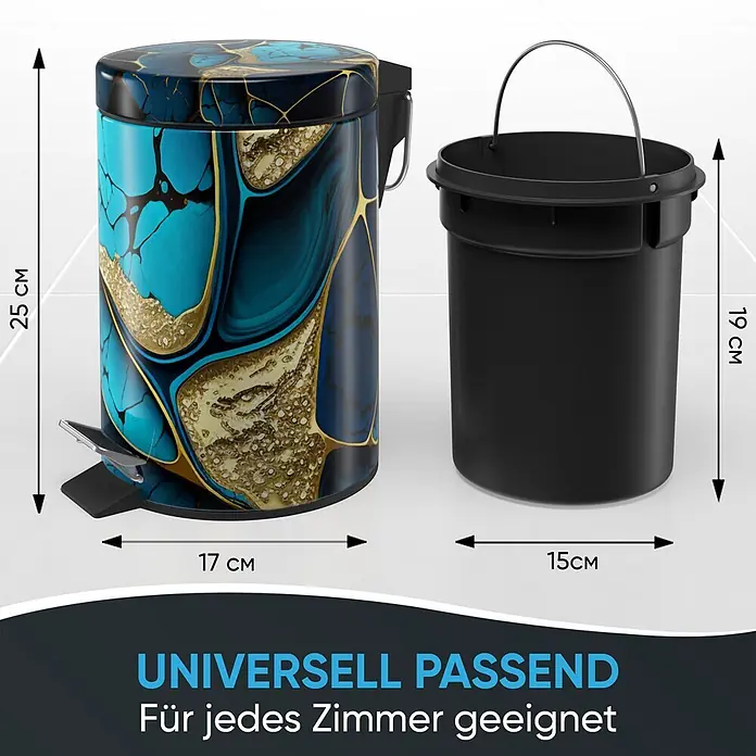 SANILO Kosmetikeimer Marmor Cobalt - 3 l, Metall, Blau|Goldfarben - Dekorativer blau-gold gemusterter Treteimer (25x17cm) mit schlichtem schwarzem Inneneimer (19x15cm).