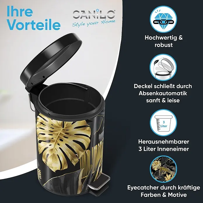 SANILO Kosmetikeimer Golden Leaves - 3 l, Metall, Schwarz|Goldfarben - Schwarzer 3-Liter-Tretmülleimer mit goldenem Monstera-Blattmuster, sanft schließendem Deckel und herausnehmbarem Inneneimer.