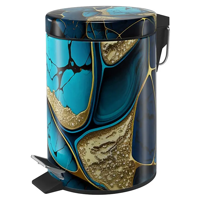 SANILO Kosmetikeimer Marmor Cobalt - 3 l, Metall, Blau|Goldfarben - Treteimer mit abstraktem Marmormuster in Türkis, Blau und Gold.