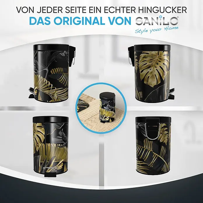 SANILO Kosmetikeimer Golden Leaves - 3 l, Metall, Schwarz|Goldfarben - Schwarzer Treteimer mit elegantem goldfarbenem Tropenblattmuster. Mehrere Ansichten betonen sein stilvolles Design.