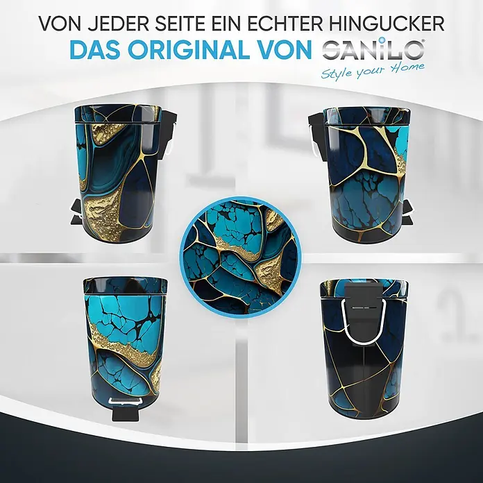 SANILO Kosmetikeimer Marmor Cobalt - 3 l, Metall, Blau|Goldfarben - Abfalleimer mit schwarz, blau und gold marmoriertem Muster, aus verschiedenen Blickwinkeln gezeigt.