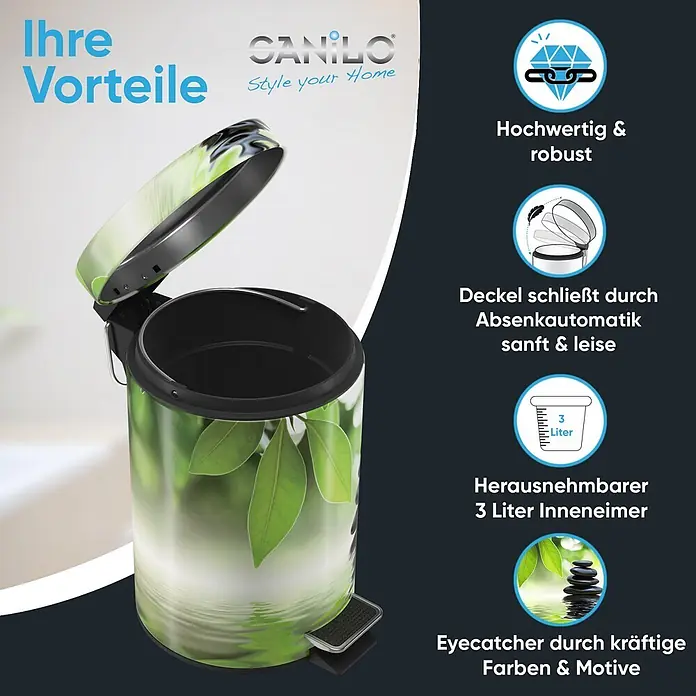 SANILO Kosmetikeimer Harmony - 3 l, Metall, Grün|Schwarz|Weiß - Ein gemusterter 3-Liter-Tretmülleimer mit offenem Deckel, verziert mit einem grünen Blatt- und Wasserwellenmuster.