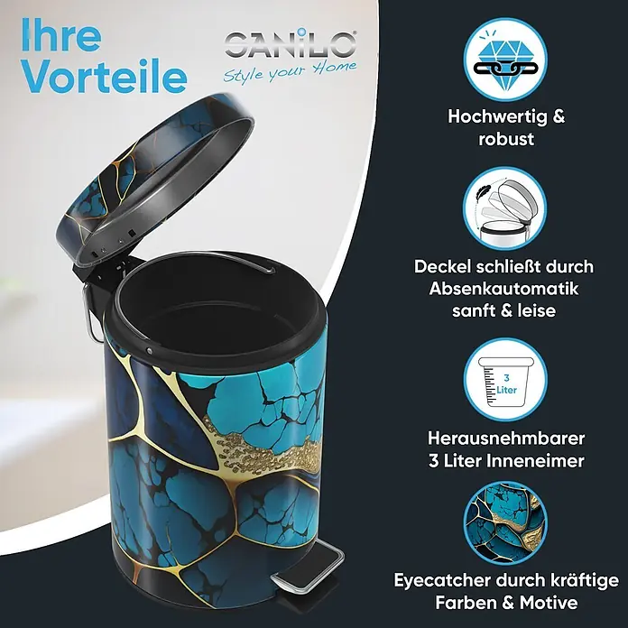 SANILO Kosmetikeimer Marmor Cobalt - 3 l, Metall, Blau|Goldfarben - Blauer und goldener Treteimer mit abstrakter Musterung, sanft schließendem Deckel und herausnehmbarem 3-Liter-Inneneimer.