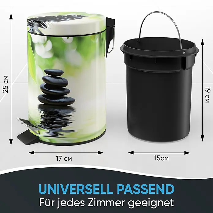 SANILO Kosmetikeimer Harmony - 3 l, Metall, Grün|Schwarz|Weiß - Dekorativer Treteimer (25x17cm) mit Zen-Design und schwarzem Inneneimer (19x15cm).