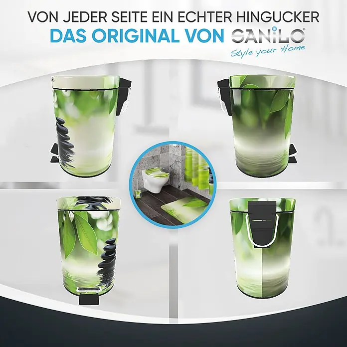 SANILO Kosmetikeimer Harmony - 3 l, Metall, Grün|Schwarz|Weiß - Grüner Treteimer mit Naturdesign (Blätter, Wasser, Zen-Steine), mehrfach und im passenden Badezimmer-Set dargestellt.
