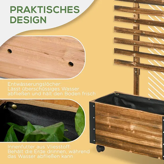 Furnicato Hochbeet - 65 x 31 x 147 cm, Holz, Verkohlt - Holz-Pflanzkasten mit Spalier, mit Entwässerungslöchern und Vliesstoff-Einlage für gesunde Pflanzen.
