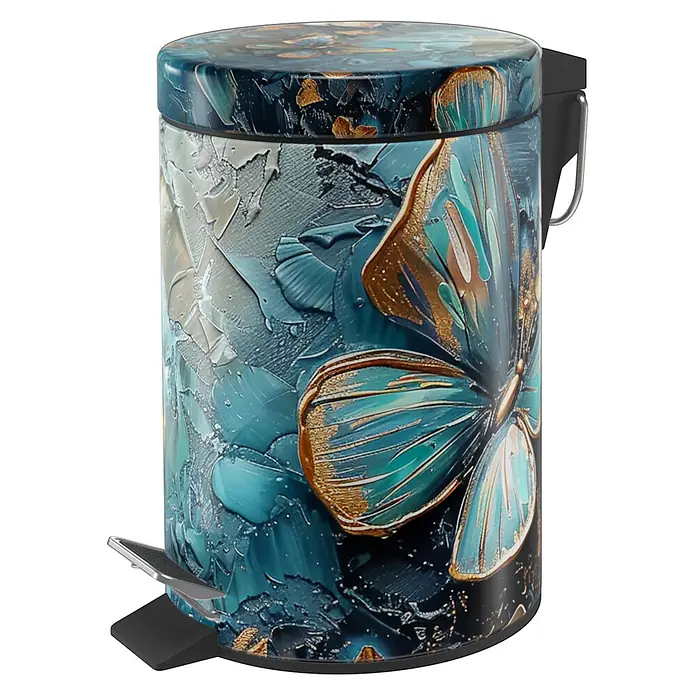 SANILO Kosmetikeimer Mariposa - 3 l, Metall, Blau|Orange|Multicolor - Blauer und goldener Treteimer mit strukturierter Schmetterlingskunst und schwarzem Fuß.