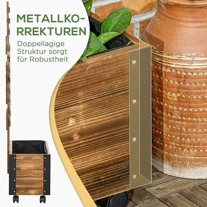 Furnicato Hochbeet - 65 x 31 x 147 cm, Holz, Verkohlt - Brauner Holz-Pflanzkasten mit schwarzen Metalleckverstärkungen und robuster doppelter Struktur, mit grünen Pflanzen. Zeigt Rollen.