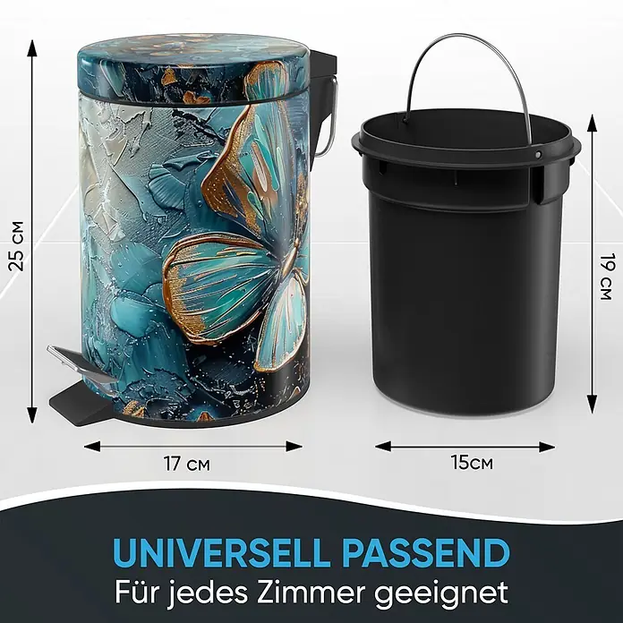 SANILO Kosmetikeimer Mariposa - 3 l, Metall, Blau|Orange|Multicolor - Zylindrischer Treteimer mit blau-goldenem Schmetterlingsmuster, daneben ein schwarzer Inneneimer. Außen: 25x17cm; Innen: 19x15cm.