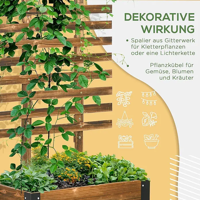 Furnicato Hochbeet - 65 x 31 x 147 cm, Holz, Verkohlt - Hölzernes Hochbeet mit integriertem Spalier, bepflanzt mit verschiedenen grünen Pflanzen und gelben Blumen.