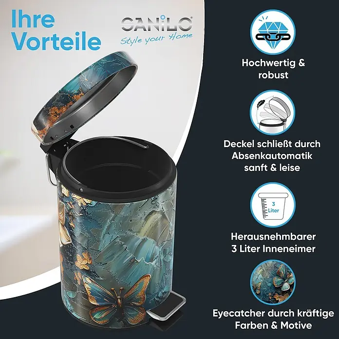 SANILO Kosmetikeimer Mariposa - 3 l, Metall, Blau|Orange|Multicolor - Dekorativer Treteimer mit teal-goldfarbenem Schmetterlingsmuster, sanft schließendem Deckel und herausnehmbarem 3-Liter-Inneneimer.