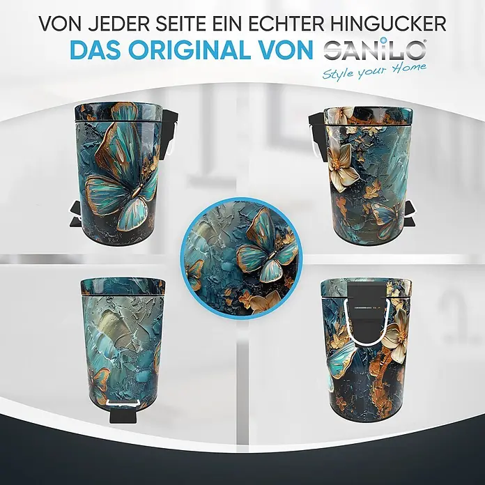 SANILO Kosmetikeimer Mariposa - 3 l, Metall, Blau|Orange|Multicolor - Tretmülleimer mit Schmetterlings- und Blumenmuster in Türkis und Gold, texturiertem, malerischem Design, aus verschiedenen Blickwinkeln.