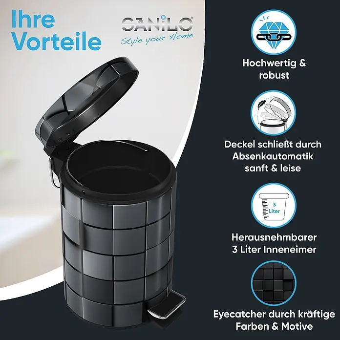 SANILO Kosmetikeimer Cube - 3 l, Metall, Schwarz - Schwarzer gemusterter Treteimer mit offenem Deckel.