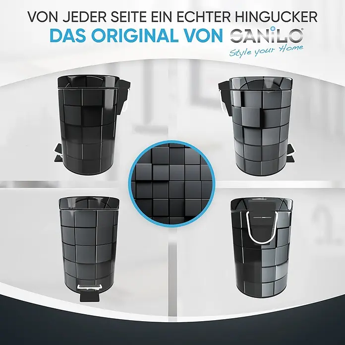 SANILO Kosmetikeimer Cube - 3 l, Metall, Schwarz - Schwarzer Treteimer mit quadratischem Mosaikmuster, aus verschiedenen Winkeln gezeigt, inklusive Detailansicht des Designs.
