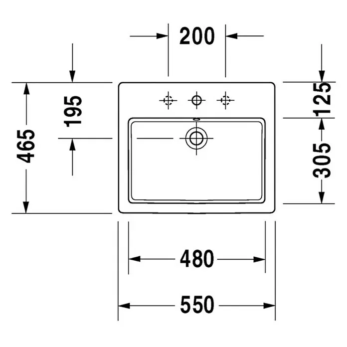 Duravit Vero Einbauwaschbecken - 55 x 46,5 cm, Ohne Spezialglasur, Hahnloch: Mitte, Mit Überlauf, Weiß - Eine technische Zeichnung eines Aufsatzwaschbeckens mit Bemaßungen für die Installation. Detaillierte Angaben zu Größen und Abständen für die Montage.