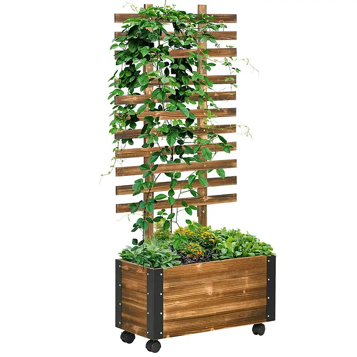 Furnicato Hochbeet - 65 x 31 x 147 cm, Holz, Verkohlt - Dunkelbrauner Holzpflanzkasten auf Rädern mit integriertem Rankgitter, das grüne Kletterpflanzen und kleinere Pflanzen trägt.