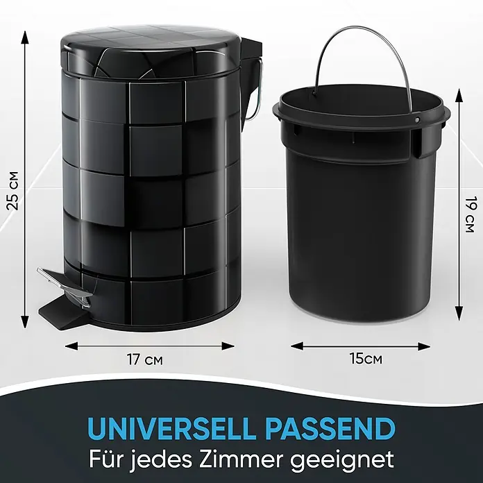 SANILO Kosmetikeimer Cube - 3 l, Metall, Schwarz - Schwarzer Kunststoff-Treteimer mit quadratischem Kachelmuster und passendem Inneneimer.