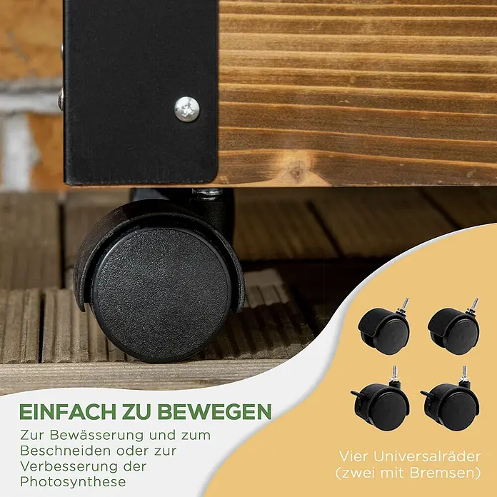 Furnicato Hochbeet - 65 x 31 x 147 cm, Holz, Verkohlt - Hölzerner Pflanzkasten mit schwarzen Metallakzenten und einem Rollenrad; Inset zeigt vier schwarze Universalräder, davon zwei mit Bremsen, für leichte Bewegung.
