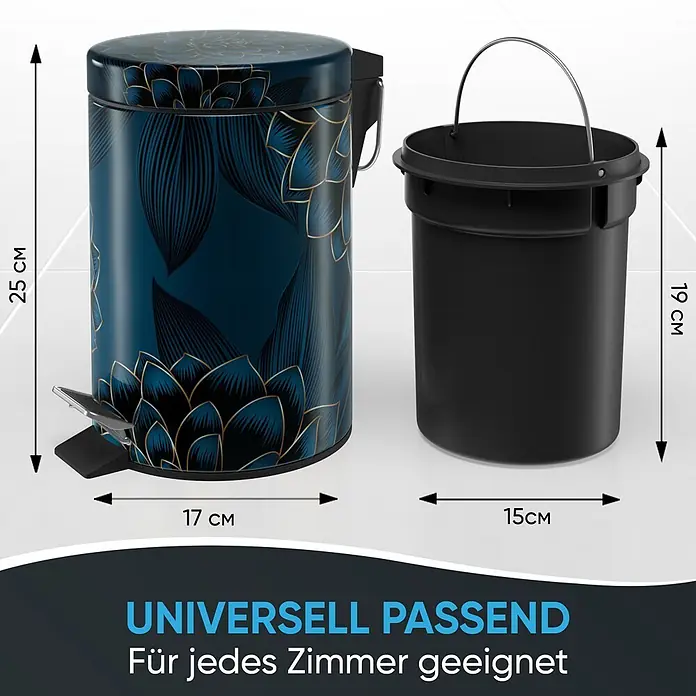 SANILO Kosmetikeimer Dahlien - 3 l, Metall, Blau|Grün|Dunkelblau|Dunkelgrün|Petrol - Ein kleiner dunkelblauer Treteimer mit gold-schwarzem Blattmuster, daneben sein herausnehmbarer schwarzer Inneneimer.