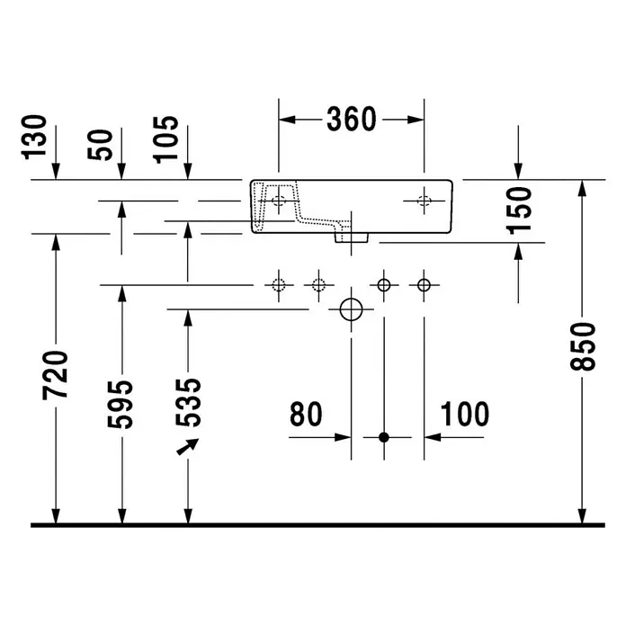 Duravit Vero Waschbecken - 50 x 25 cm, Ohne Spezialglasur, Hahnloch: Rechts, Mit Überlauf, Weiß - Technische Zeichnung eines Waschbeckens mit Maßangaben für Installation und Design.