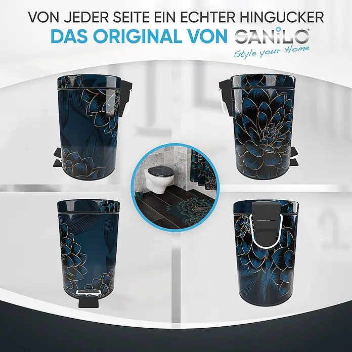 SANILO Kosmetikeimer Dahlien - 3 l, Metall, Blau|Grün|Dunkelblau|Dunkelgrün|Petrol - Dunkelblauer Treteimer mit elegantem goldenem Blumenmuster, aus verschiedenen Blickwinkeln gezeigt. Teil eines passenden Badaccessoire-Sets.