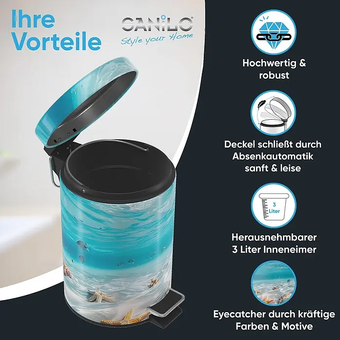 SANILO Kosmetikeimer Waterworld - 3 l, Metall, Blau|Beige - Blauer Tretmülleimer mit offenem Deckel und lebendigem Unterwasserdesign mit Seesternen und Fischen. Verfügt über einen herausnehmbaren Inneneimer.