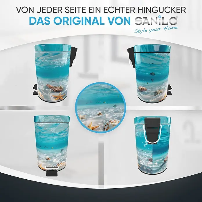 SANILO Kosmetikeimer Waterworld - 3 l, Metall, Blau|Beige - Treteimer mit einem lebhaften blauen Unterwasserszenen-Design, das Sand, Seesterne, Muscheln und schwimmende Fische zeigt.