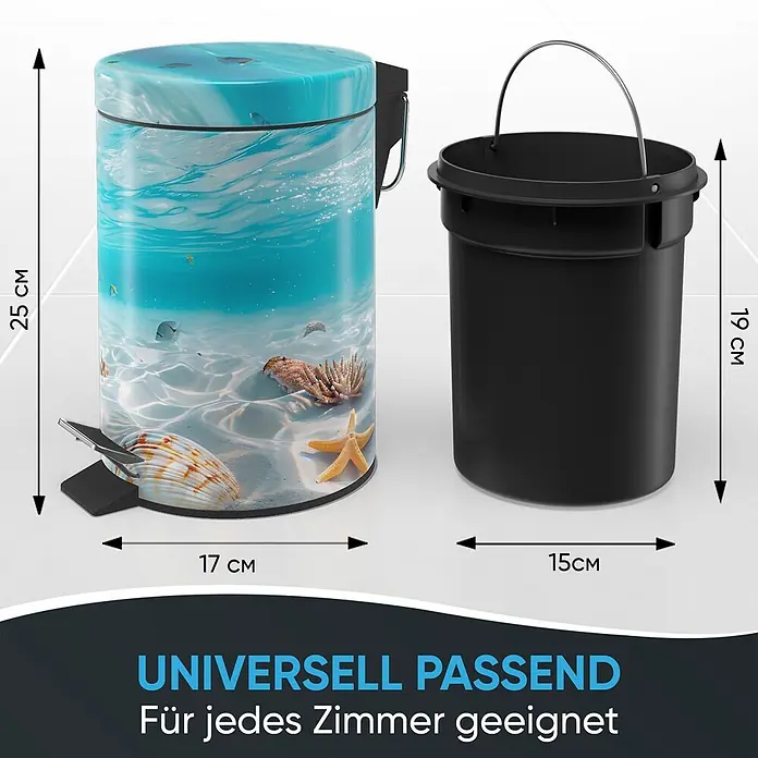 SANILO Kosmetikeimer Waterworld - 3 l, Metall, Blau|Beige - Blauer Tretmülleimer mit Unterwasser-Design (25x17cm) und herausnehmbarem schwarzem Inneneimer (19x15cm).