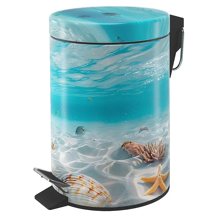 SANILO Kosmetikeimer Waterworld - 3 l, Metall, Blau|Beige - Blau-weißer Treteimer mit Unterwasser-Ozeanmotiv, Fischen, Muscheln und einem Seestern. Verfügt über einen schwarzen Pedalmechanismus.