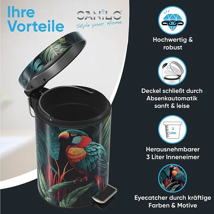 SANILO Kosmetikeimer Exotic - 3 l, Metall, Grün|Rot|Gelb|Orange - Bunter 3-Liter-Tretmülleimer mit tropischem Papageienmotiv. Hochwertig, robust, mit leisem Absenkautomatikdeckel und herausnehmbarem Inneneimer.