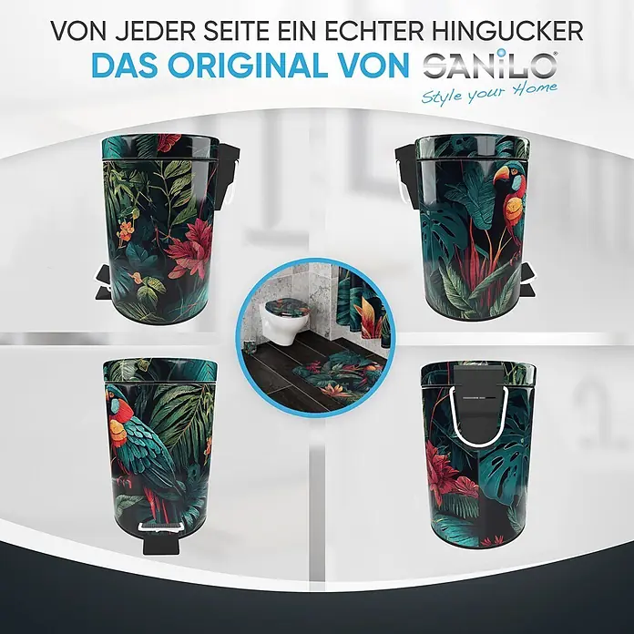 SANILO Kosmetikeimer Exotic - 3 l, Metall, Grün|Rot|Gelb|Orange - Vier dunkelgrüne, tropisch gemusterte Treteimer aus verschiedenen Blickwinkeln, mit passendem Badset.