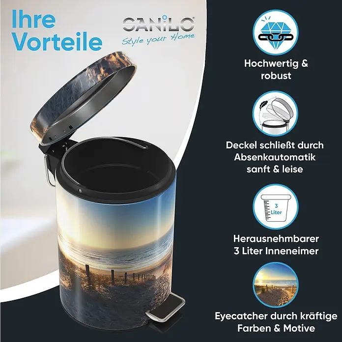 SANILO Kosmetikeimer Düne - 3 l, Metall, Beige|Blau|Sandfarben - Canilo Tretmülleimer mit Strand-Sonnenuntergang-Motiv, offen, mit 3-Liter-Inneneimer.