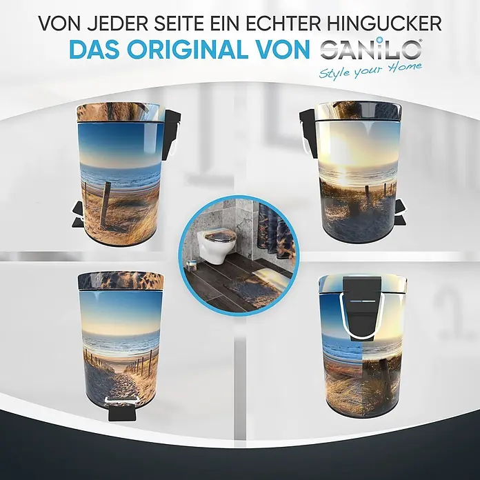 SANILO Kosmetikeimer Düne - 3 l, Metall, Beige|Blau|Sandfarben - Treteimer mit Strand- und Meeresmotiv, aus mehreren Perspektiven und in einem passenden Badezimmer-Set gezeigt.